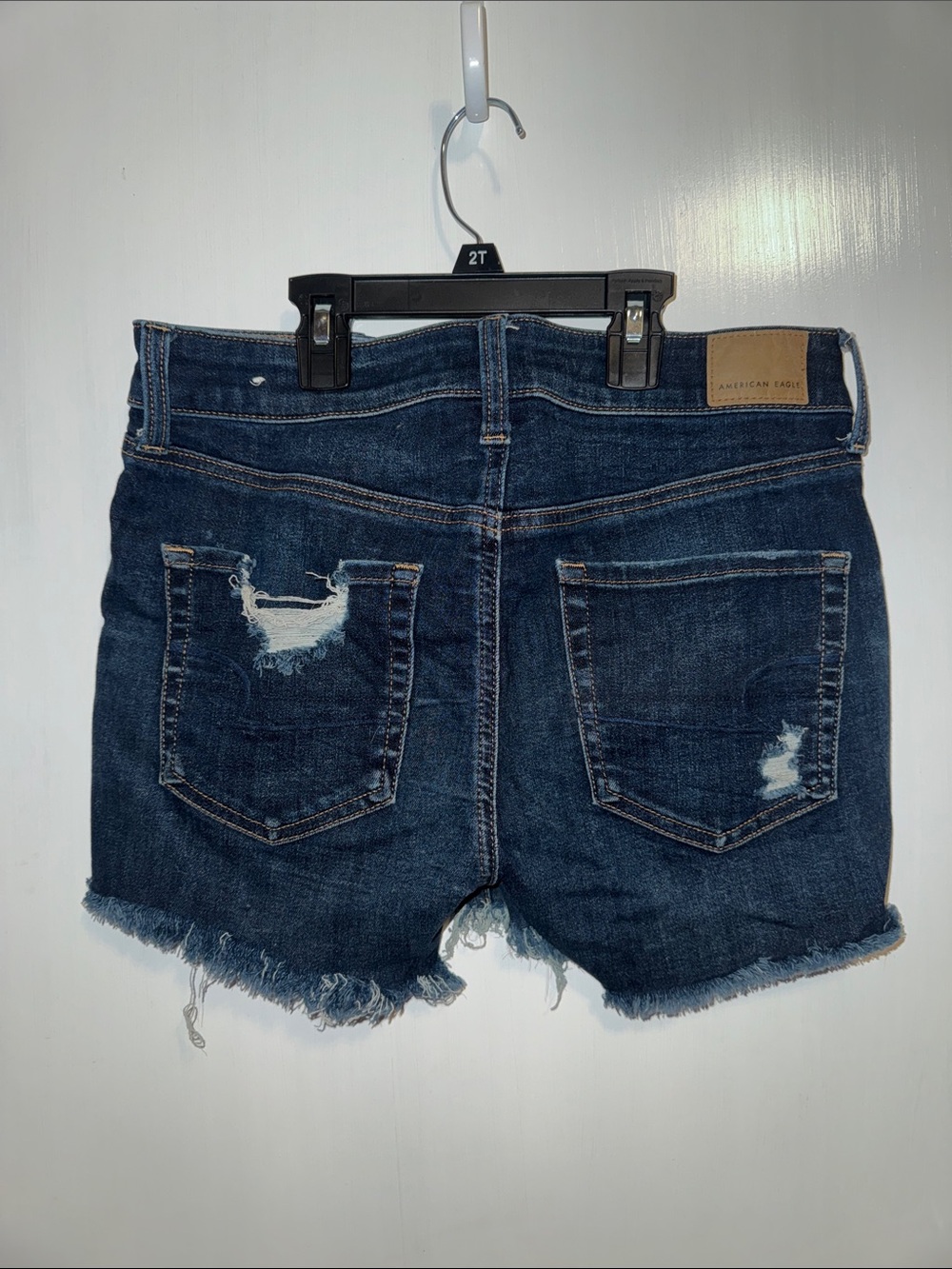 American Eagle Dark Wash Distressed Denim Midi Shorts - Size 6 - Picture 2 of 5